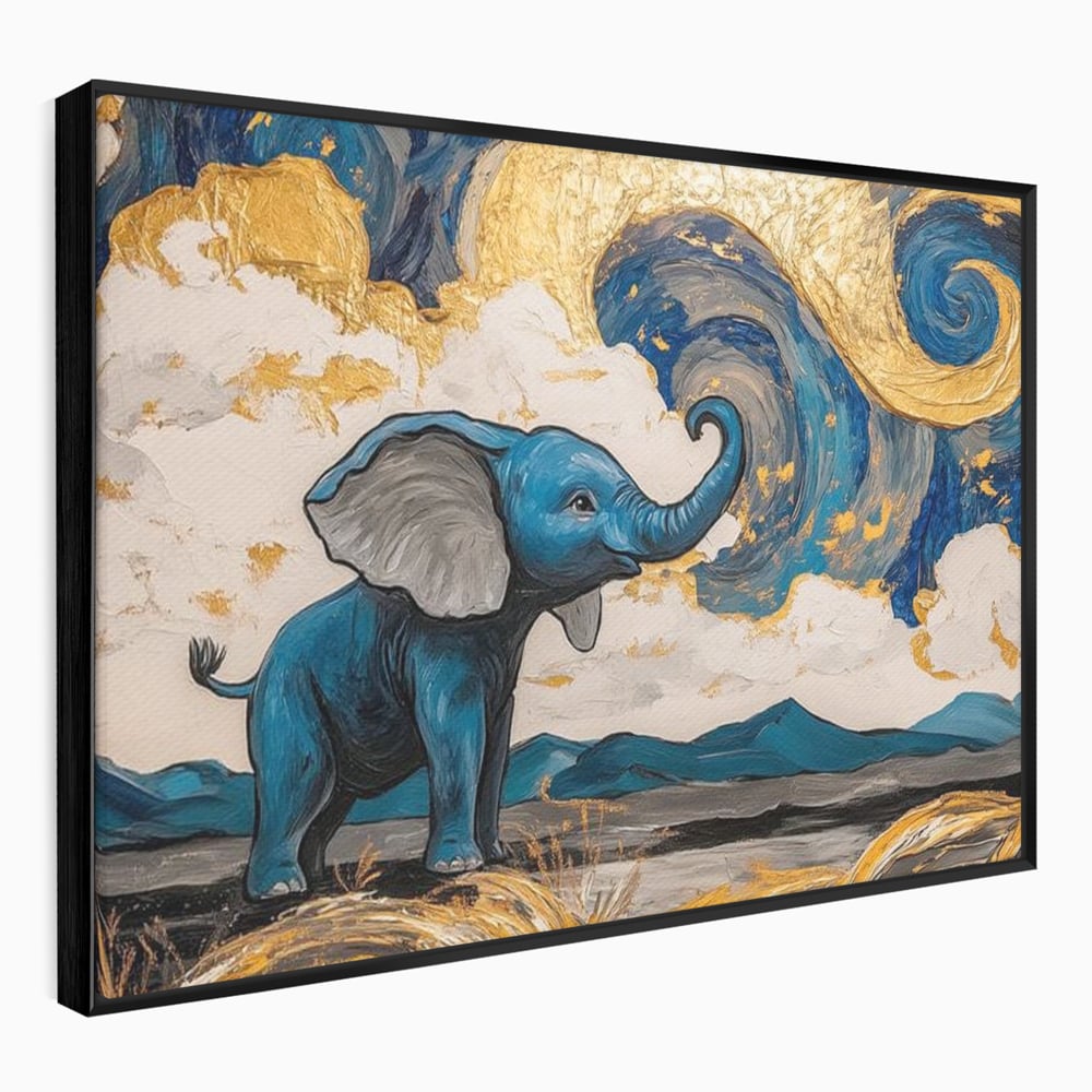 Tablou canvas cu tablou canvas cu elefant albastru, in rama de aluminiu negru
